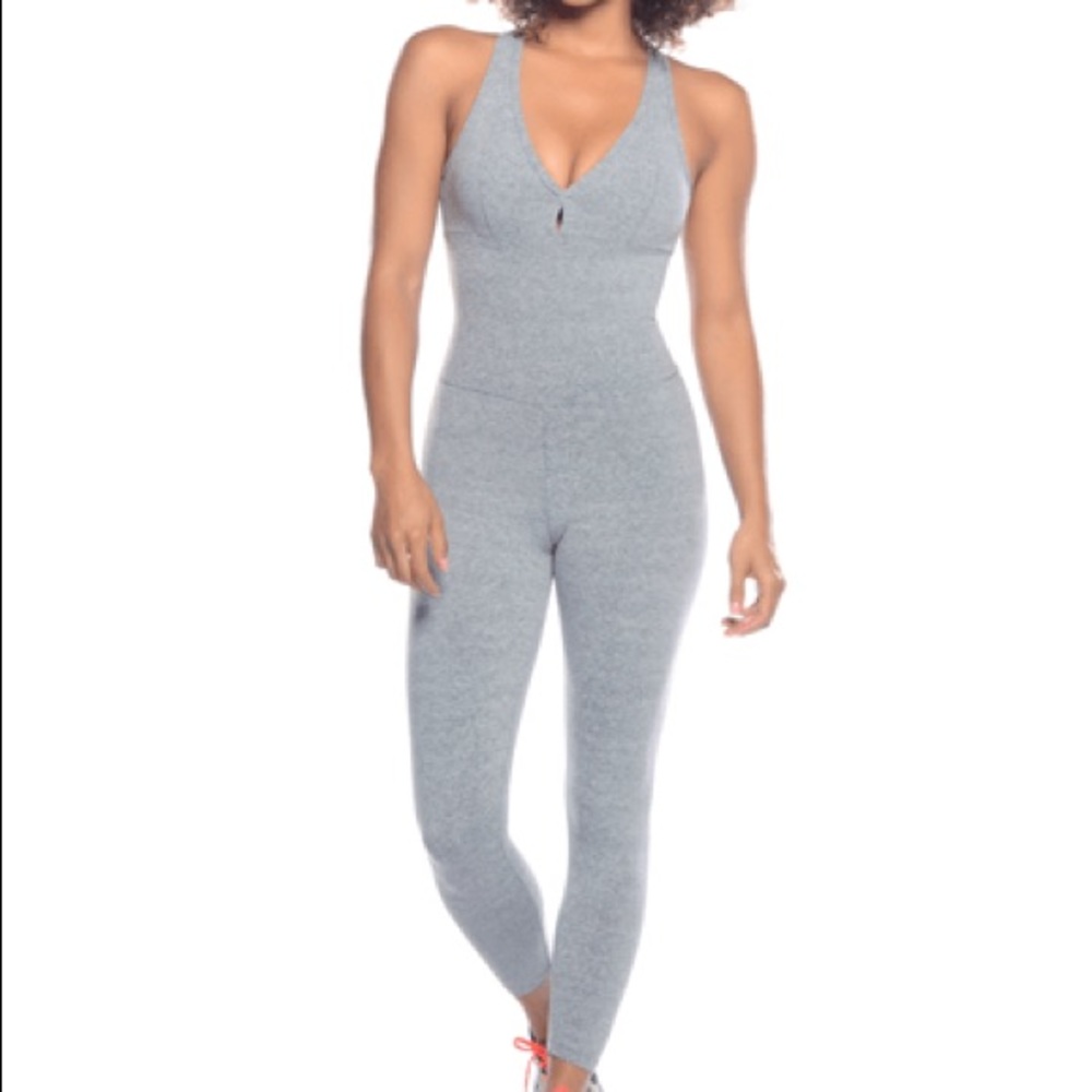 Gray one piece workout suit stretch tights cross